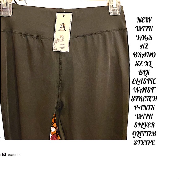 NWT SZ L/XL YOGA PANTS/LEGGINGS BLACK WITH SILVER GLITTERY RACING STRIPE ON SIDE - Picture 2 of 9